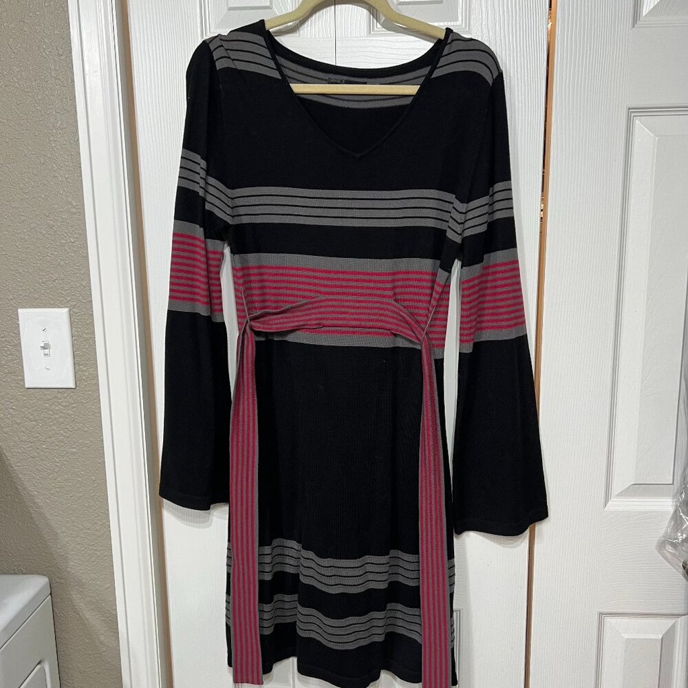 Prana Women’s Sydney Sweater LG Dress Long Flare Sleeve Boho Striped Tie Back